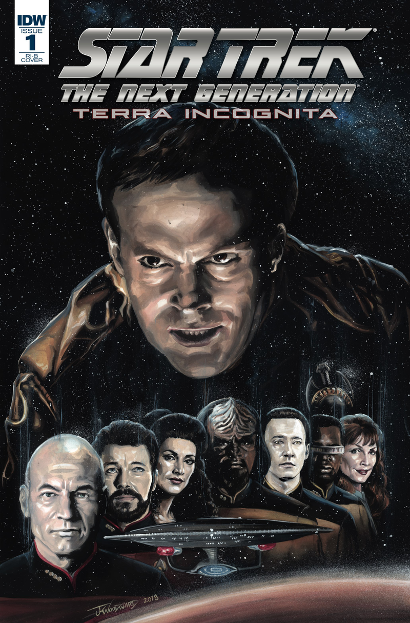 The crew of the Enterprise is overshadowed by a Terran Empire threat in this variant cover.